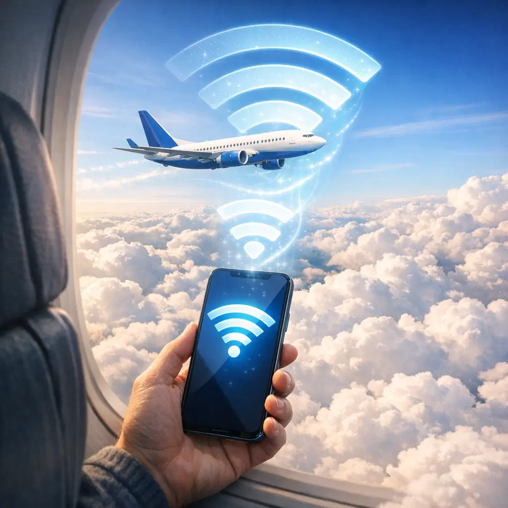 구름 위를 비행하는 여객기와 기내 무선 인터넷 연결을 상징하는 스마트폰 와이파이 아이콘