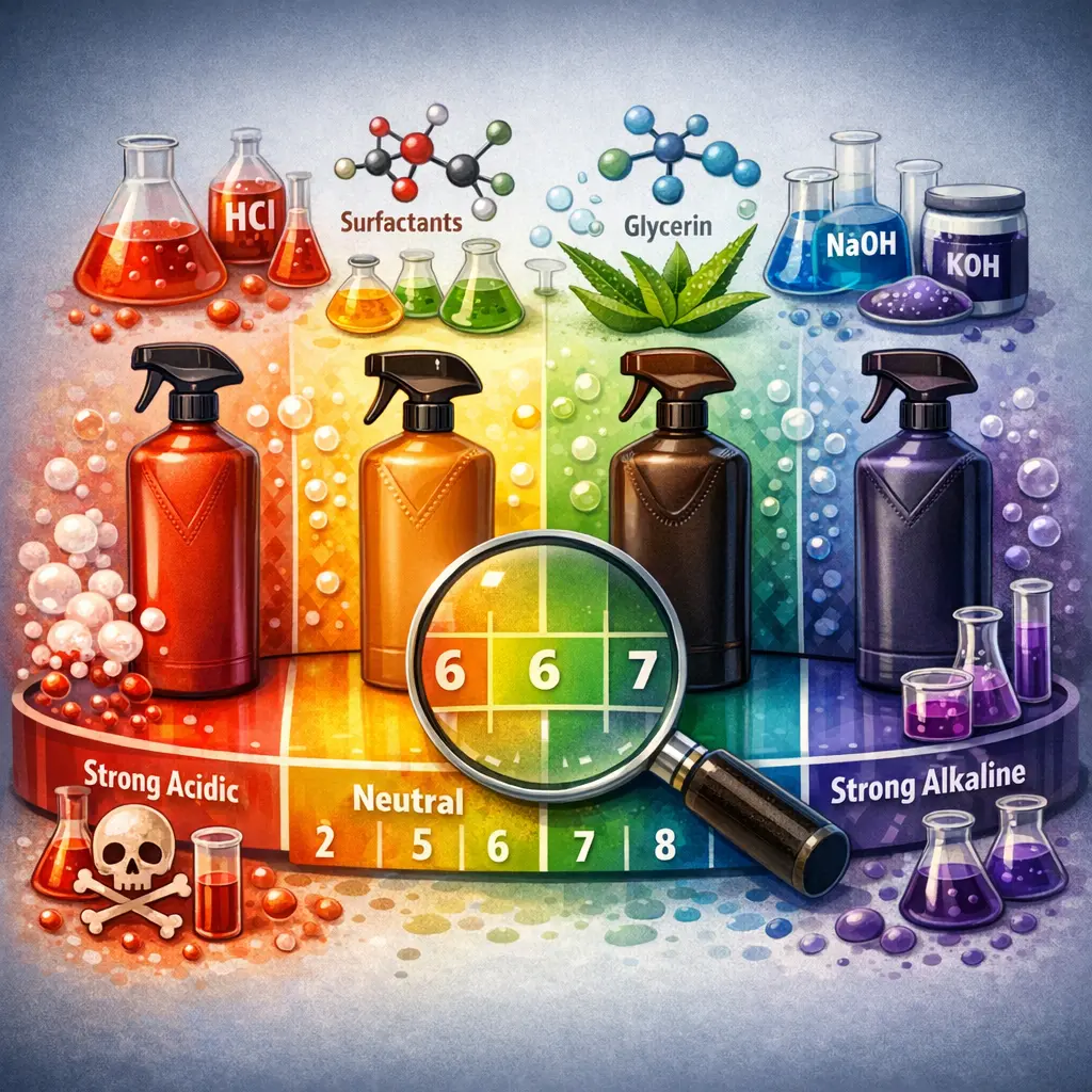 다양한 자동차 가죽 세정 제품의 pH 농도 및 주요 화학 성분을 시각화한 인포그래픽 비교 분석표