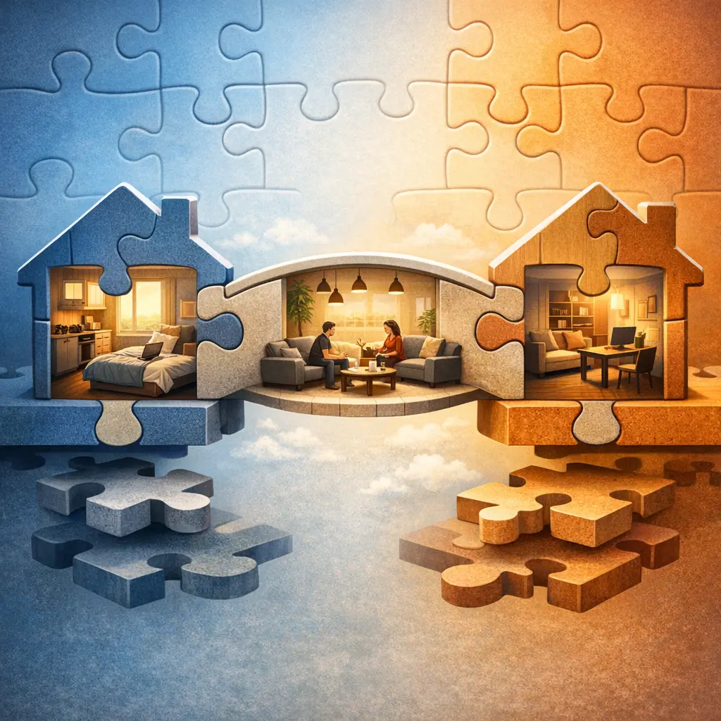 독립된 생활 구역과 공유 라운지가 결합된 분리형 아파트 인테리어