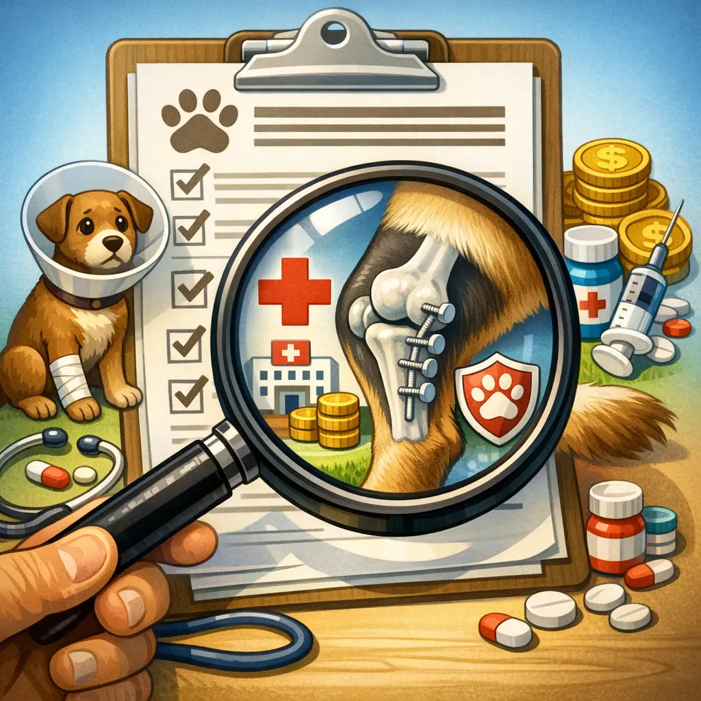 돋보기로 반려견 다리 관절 수술비 보장 항목을 꼼꼼히 살피는 일러스트
