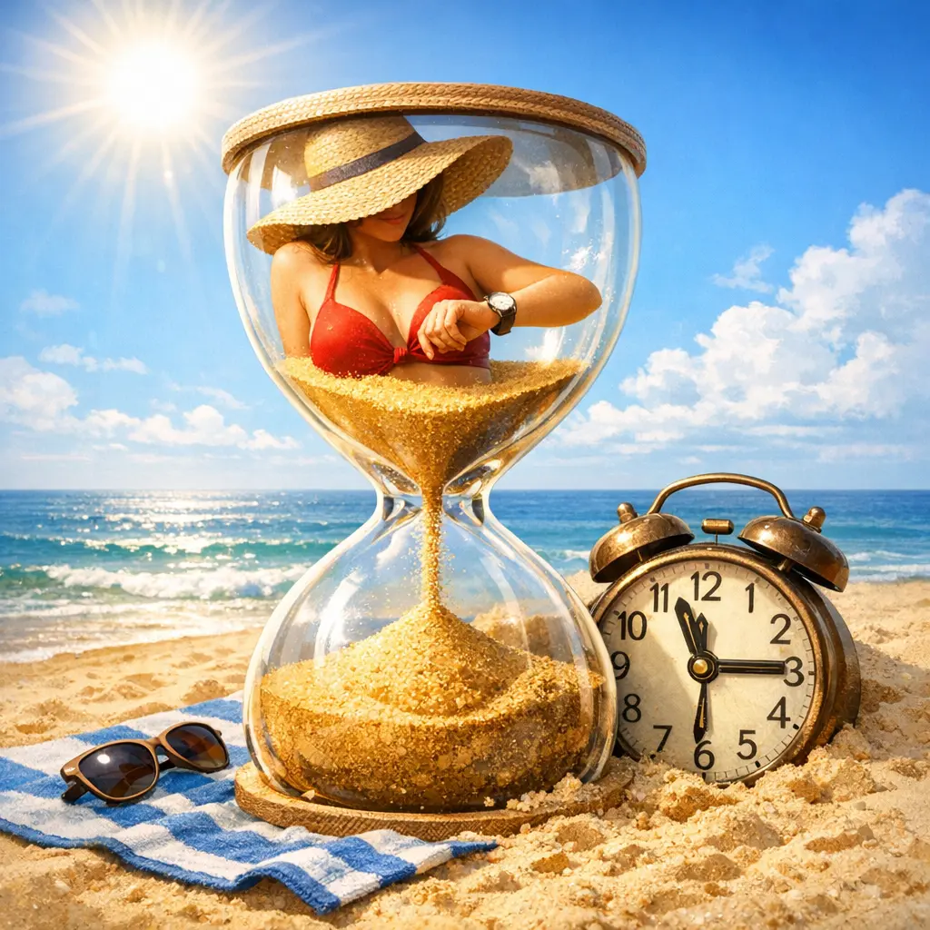 따스한 햇살 아래에서 시계를 확인하며 적정 시간 동안 일광욕을 즐기는 모습