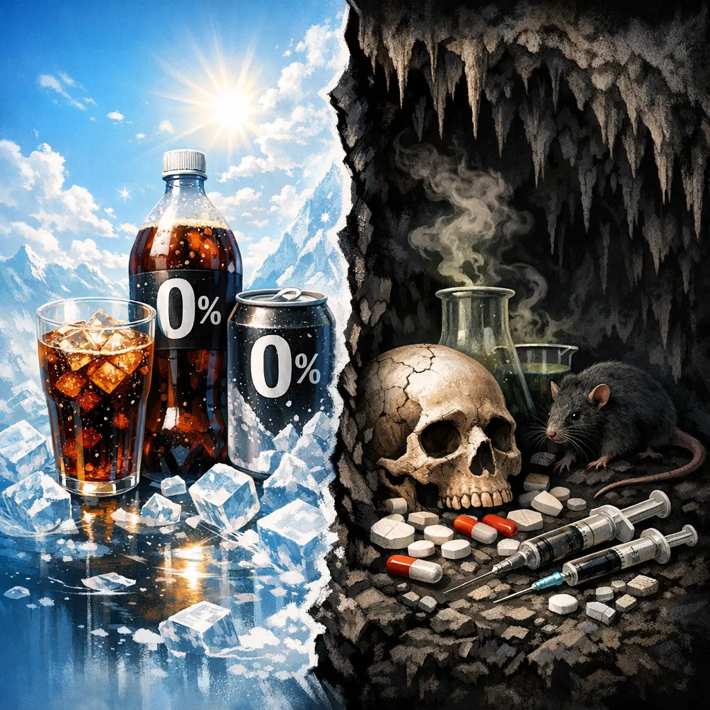 설탕 0%의 이면을 보여주는 제로 슈가 음료와 인공감미료의 명암 대비 일러스트