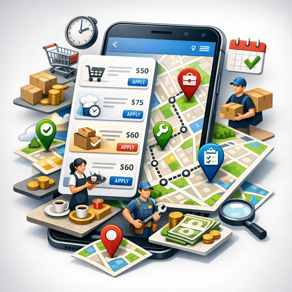 스마트폰 앱 화면 속 위치 기반 단기 일자리 리스트와 지도 인터페이스