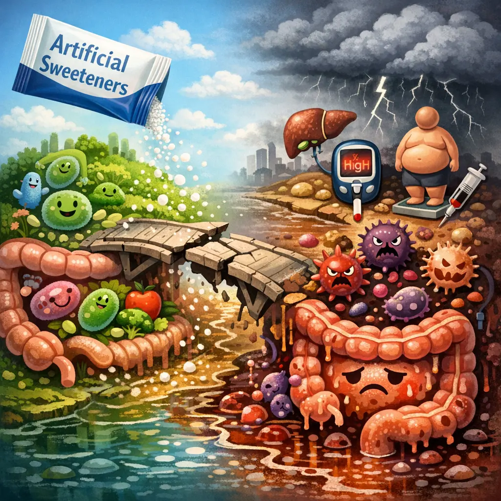 인공감미료로 인한 장내 세균총 불균형과 대사 질환 위험을 묘사한 마이크로바이옴 시각화 이미지