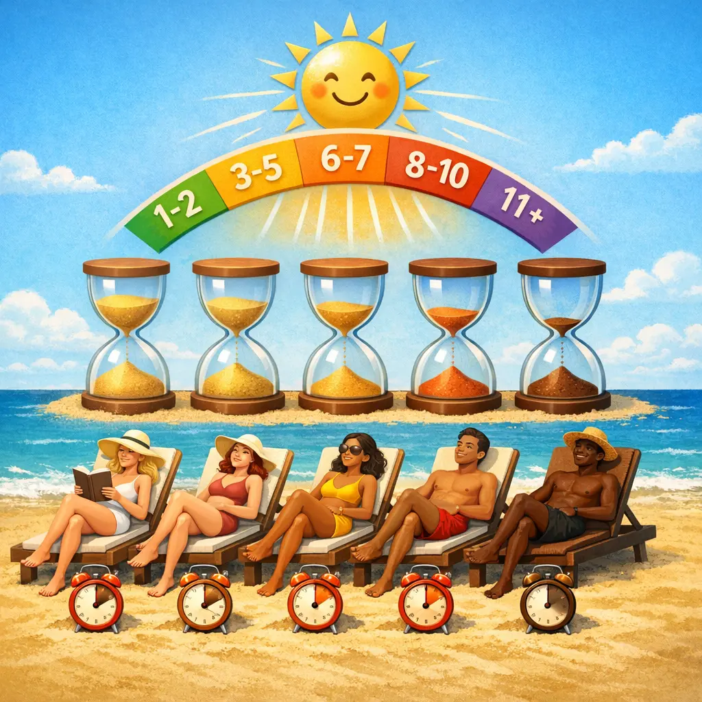 자외선 지수와 피부 톤별 적정 햇빛 노출 시간을 나타낸 시각적 가이드 이미지