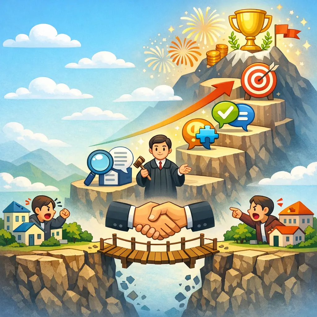 지자체 분쟁 조정 신청 절차와 단계별 성공 지표를 나타낸 인포그래픽 일러스트