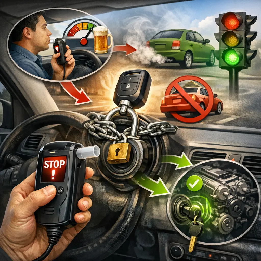 차량 내부에 설치된 음주운전 방지 시동 잠금 장치(IID) 작동 원리 및 설치 예시 이미지