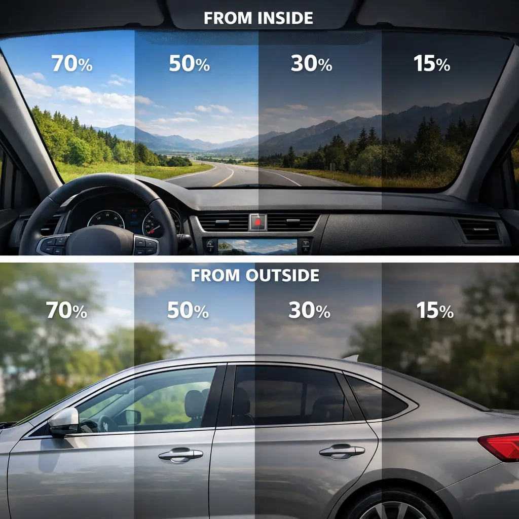 차량 안팎에서 본 윈도우 틴팅 투과율별 시인성 차이 비교