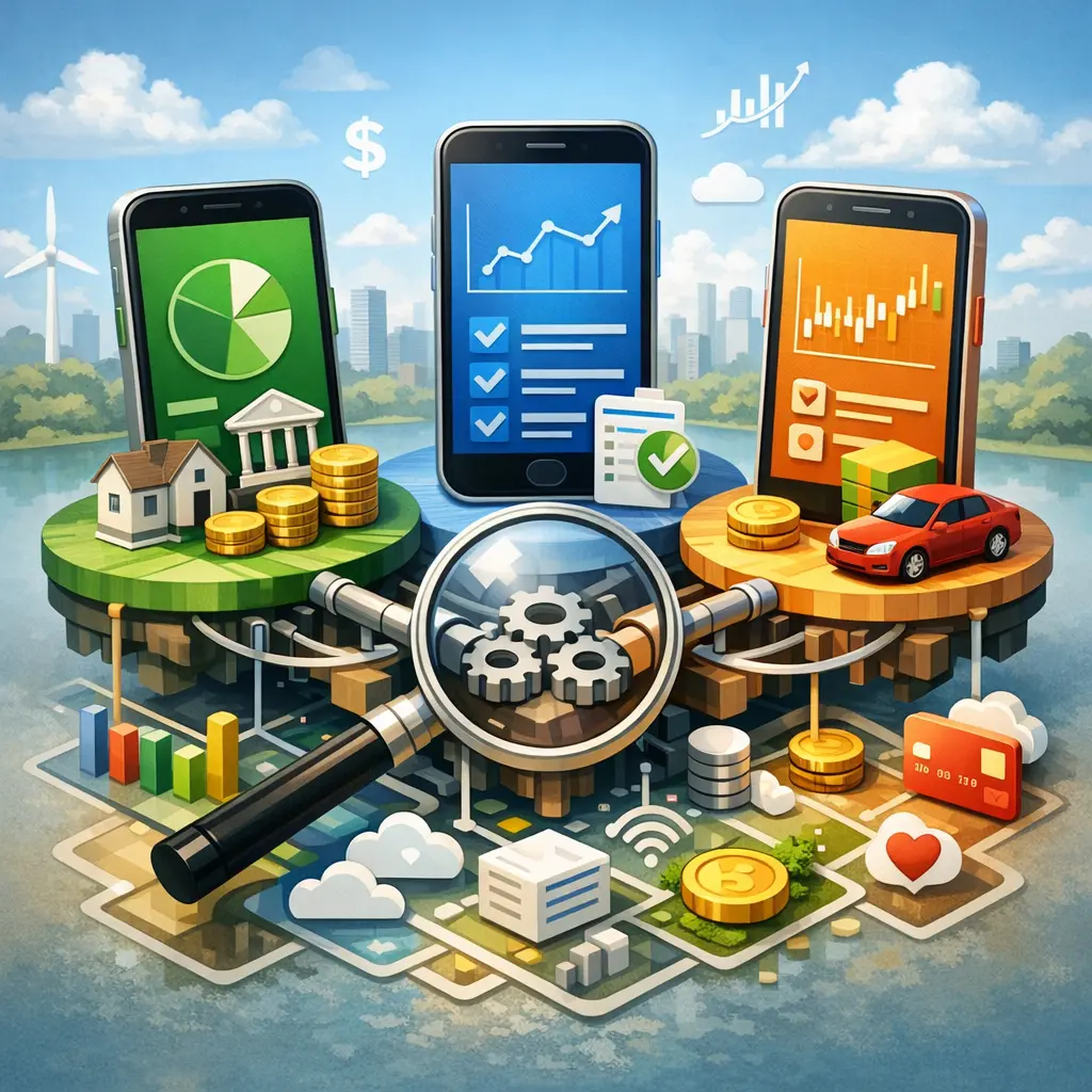 대표 자산 관리 앱 3종의 핵심 서비스 및 연동 항목 대조 인포그래픽