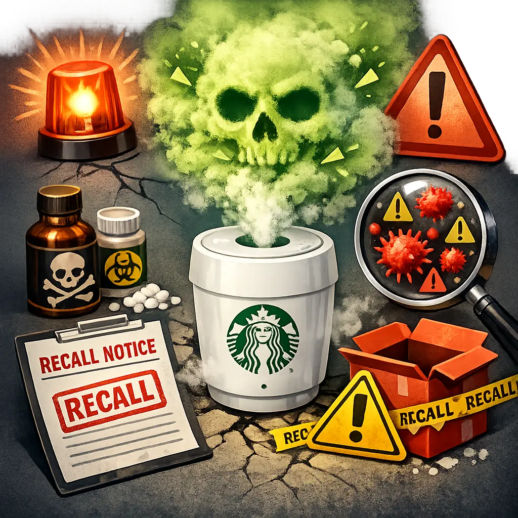 스타벅스 사은품 가습기의 유해 성분 검출 및 리콜 조치를 형상화한 경고 그래픽 일러스트