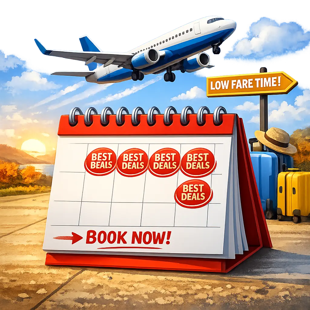 명절 연휴가 끝난 뒤 항공권 특가 예매 시점을 안내하는 달력과 비행기 그래픽