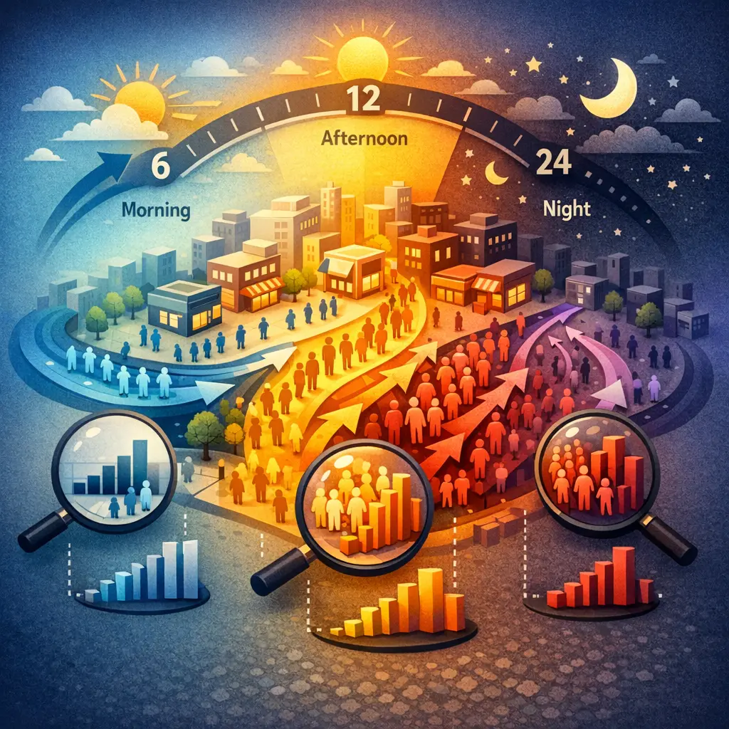 상권 내 시간대별 보행자 흐름과 잠재 고객 밀집도를 분석한 데이터 시각화 차트 이미지