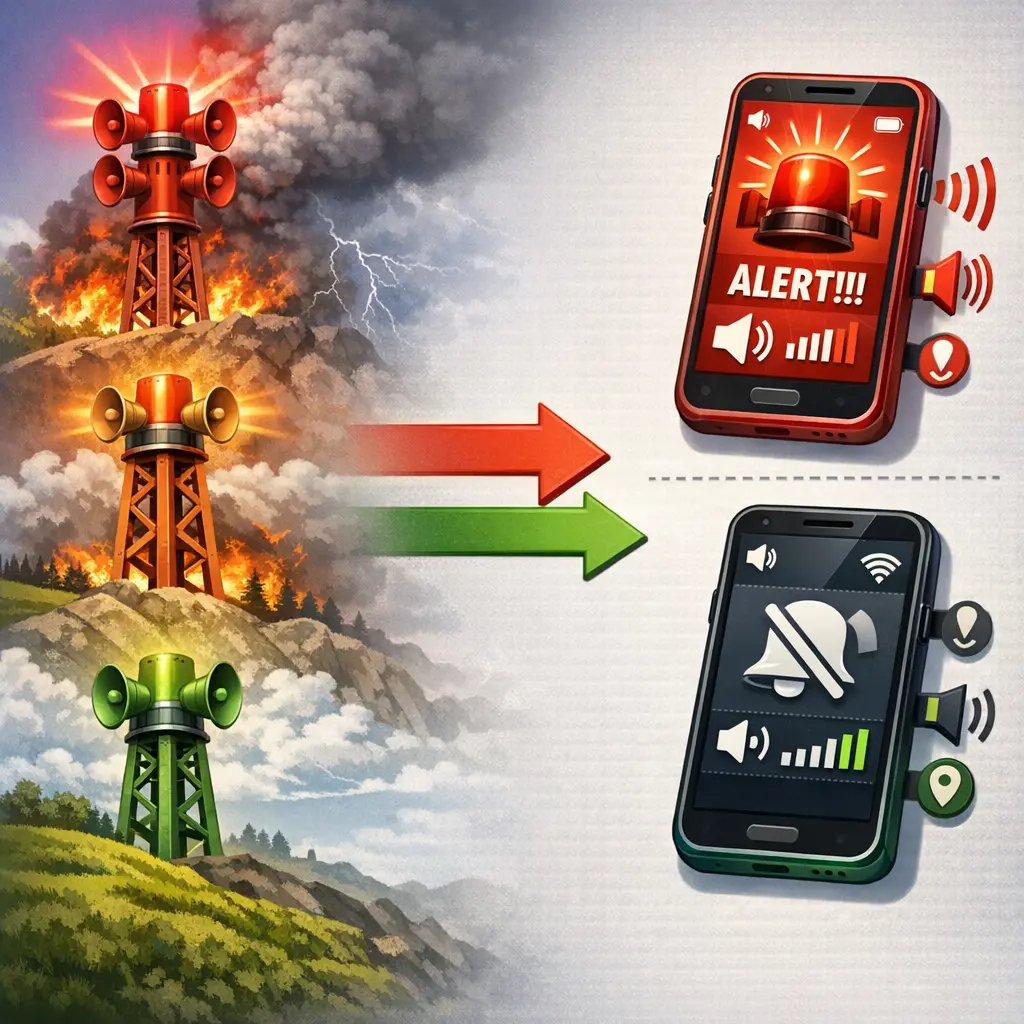 재난 경보 단계별 발송 기준 및 스마트폰 설정 차이를 정리한 비교 인포그래픽