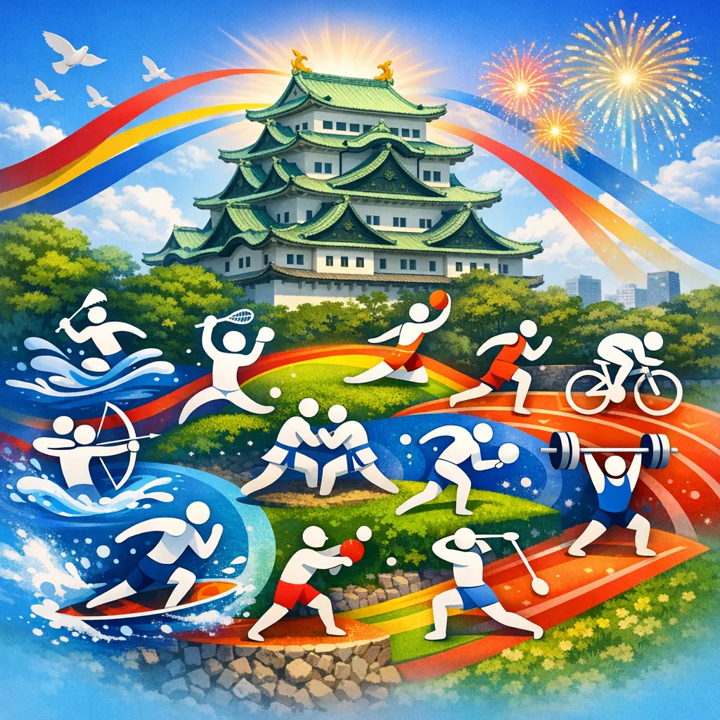 나고야 성 배경에 펼쳐진 2026년 아시아 경기대회 핵심 스포츠 종목 픽토그램 디자인