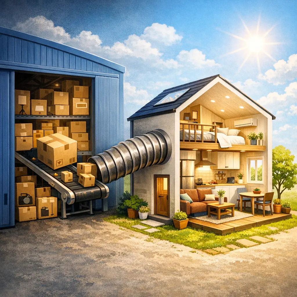 외부 공유 창고 서비스 이용으로 공간 효율을 높인 쾌적한 소형 주택 인테리어