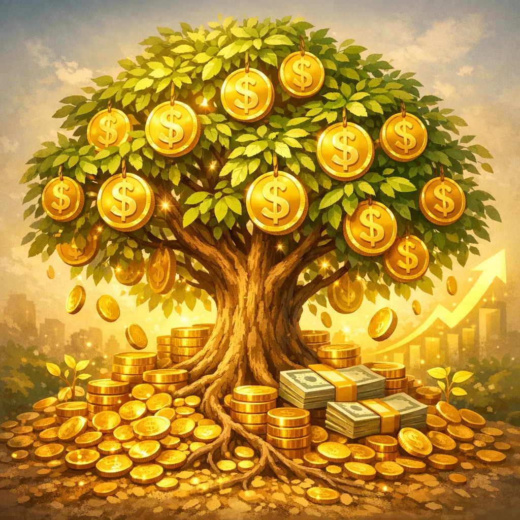 꾸준한 현금 흐름과 자산 성장을 상징하는 황금 동전 나무 일러스트