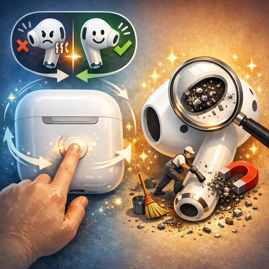 한쪽 이어폰 연결 장애를 해결하기 위한 에어팟 초기화 버튼 조작과 내부 철가루 청소 과정 모습