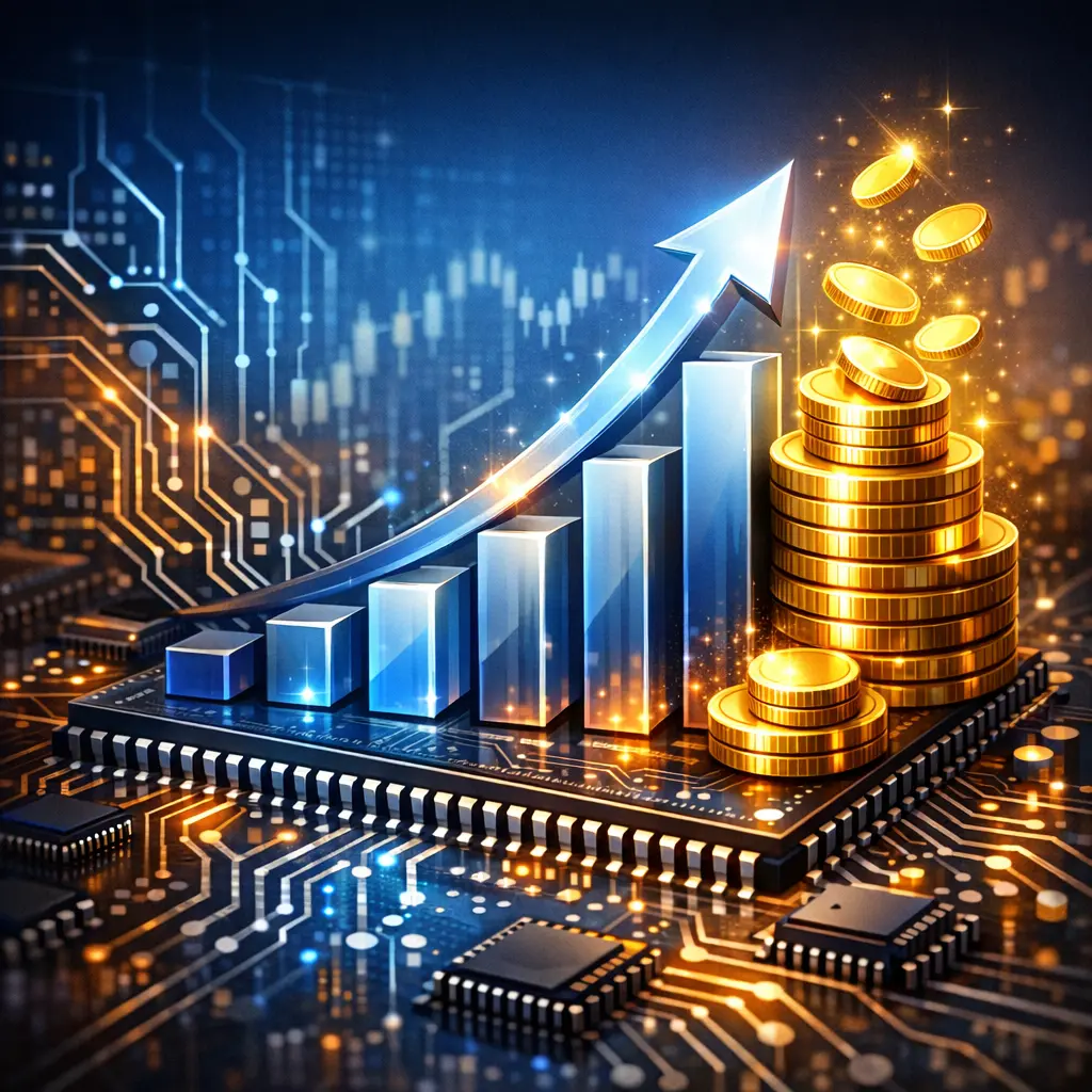 우상향하는 실적 그래프와 반도체 회로가 결합된 혁신적 IT 기업의 배당 성장 이미지