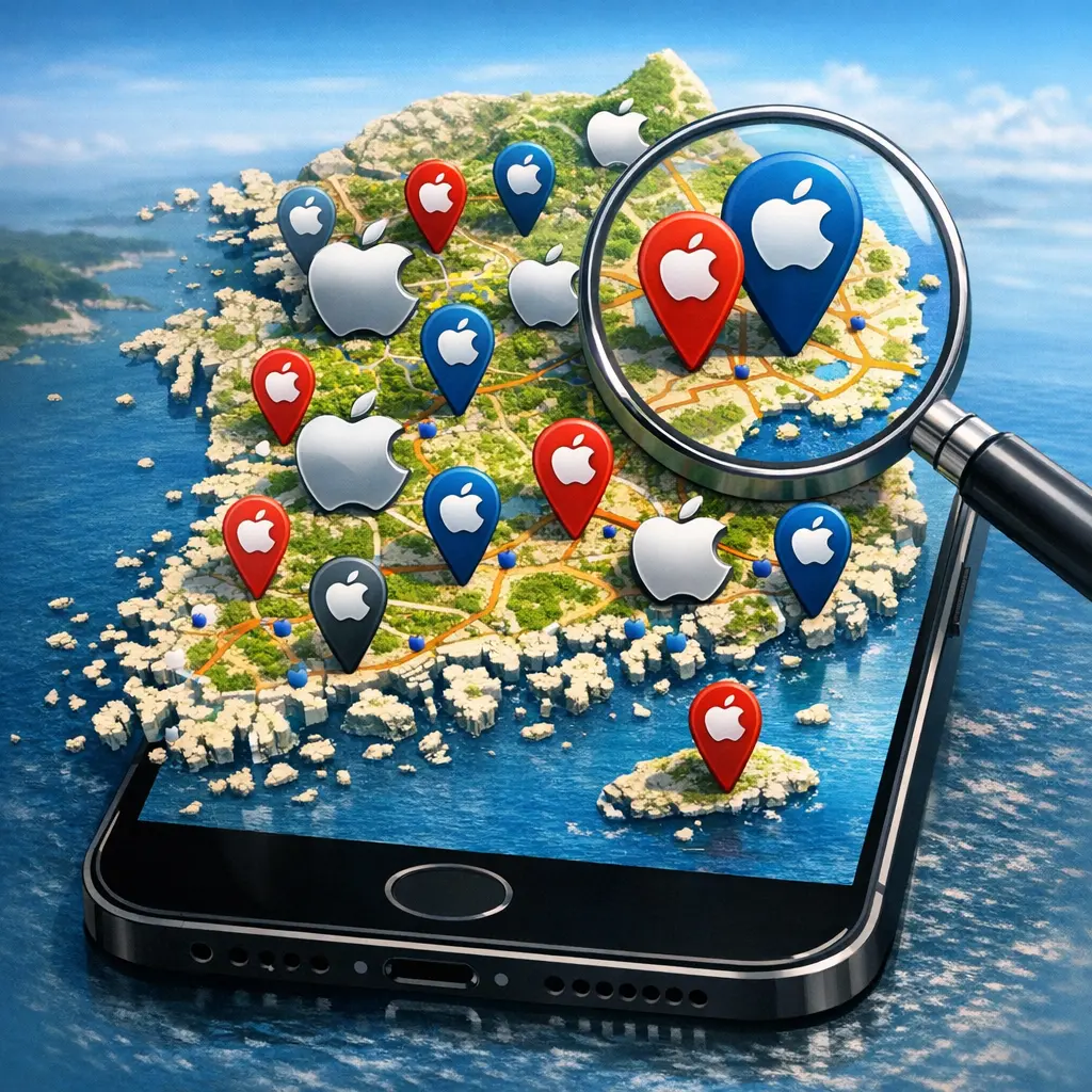 지도 앱에서 전국 각지에 분포된 애플 공식 서비스 센터와 공인 업체의 위치를 탐색하는 화면 시각 자료