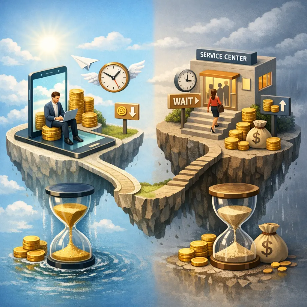 비대면과 현장 방문 신청 간의 수수료 및 소요 시간 차이를 정리한 비교 분석 인포그래픽 이미지