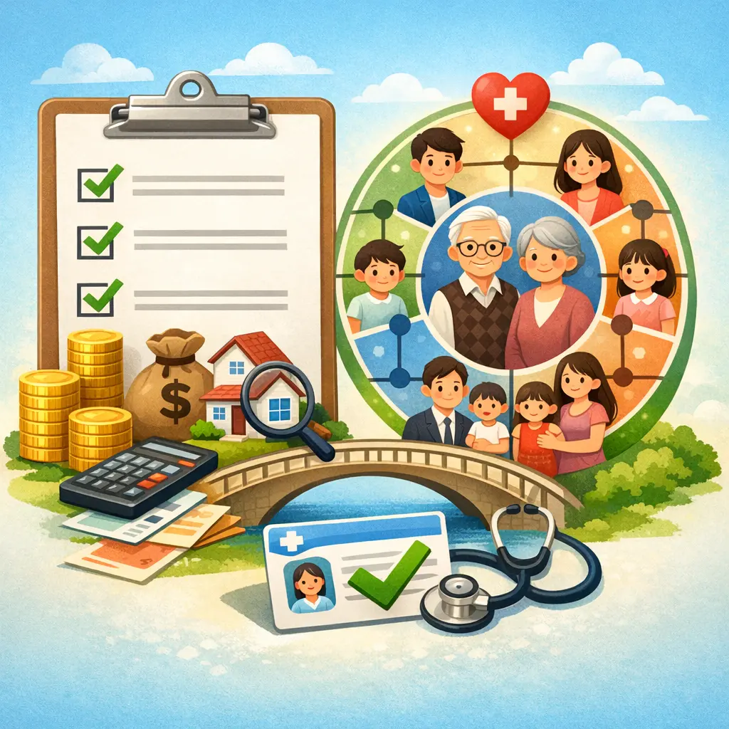 건강보험 피부양자 자격 취득을 위한 소득 및 재산 기준 체크리스트와 가족 관계 시각화 일러스트