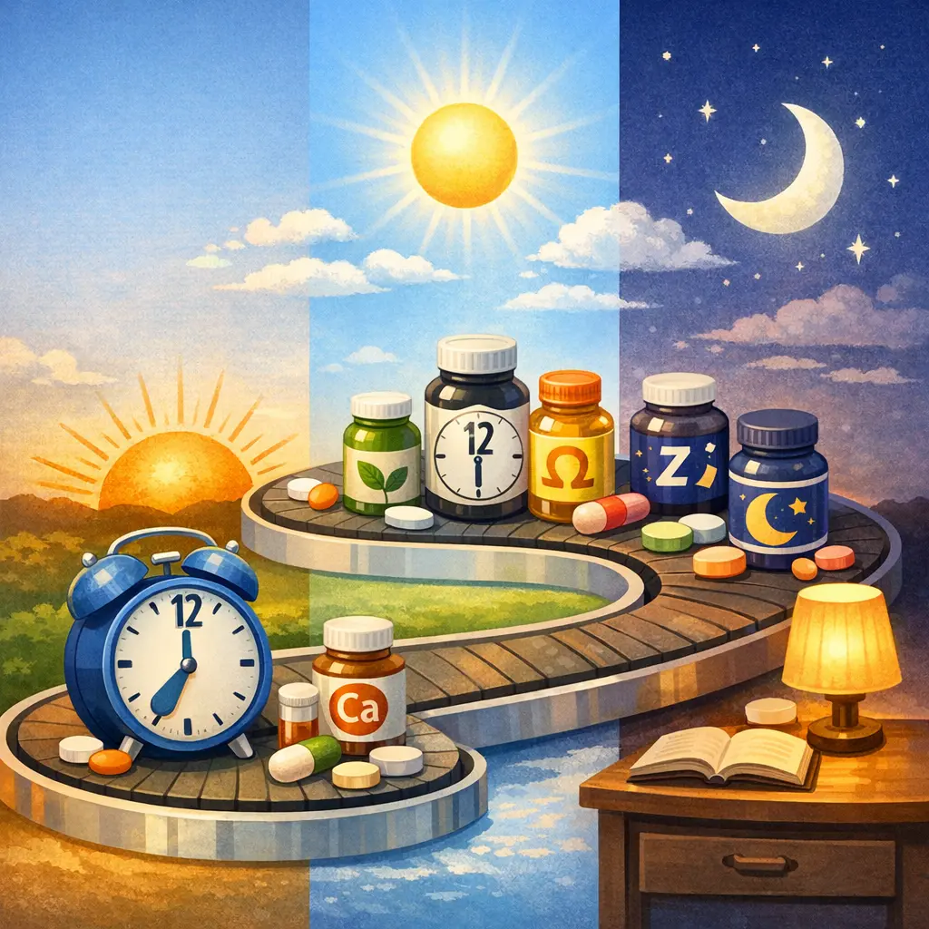 아침부터 저녁까지 영양제 종류별 흡수 효율을 정리한 인포그래픽 도표