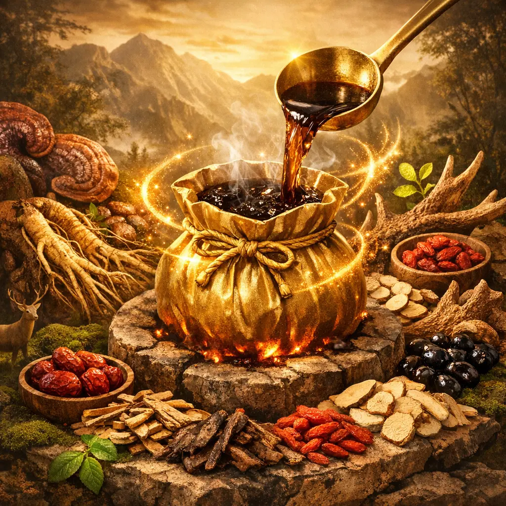 기력을 보강하는 프리미엄 한방 약재와 정성스럽게 달여낸 보약 파우치 구성 이미지