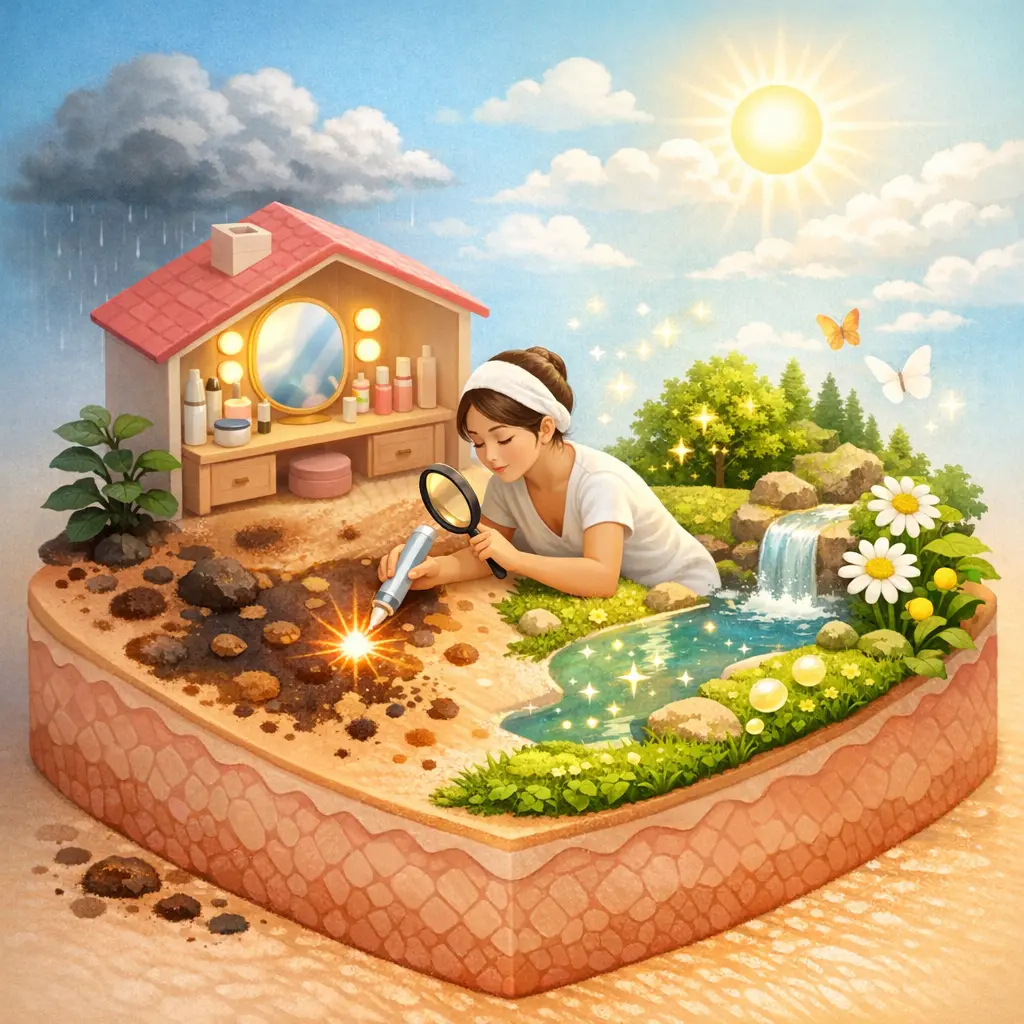 맑은 피부를 위해 집에서 스스로 잡티와 색소 침착을 관리하는 모습