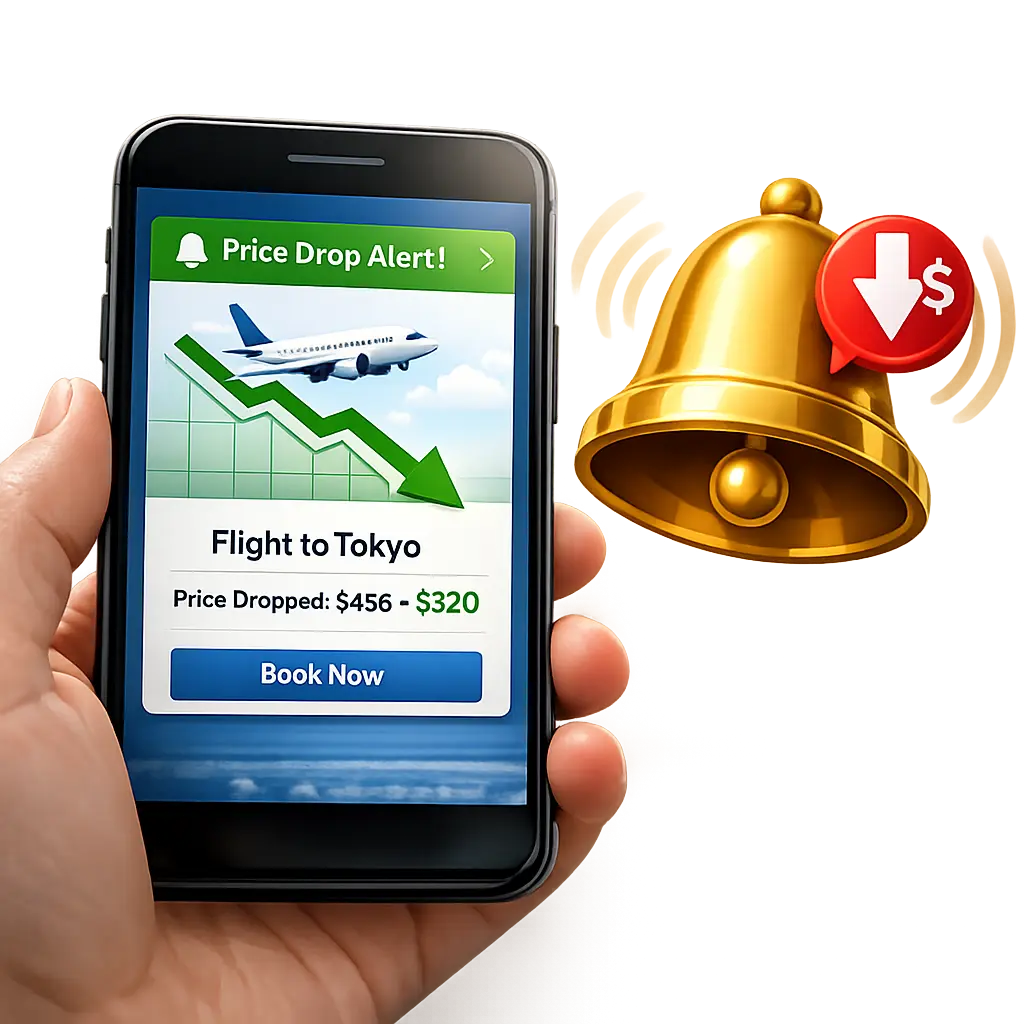 실시간 항공권 가격 하락 알림을 확인하는 스마트폰 화면과 알림 벨 아이콘 그래픽