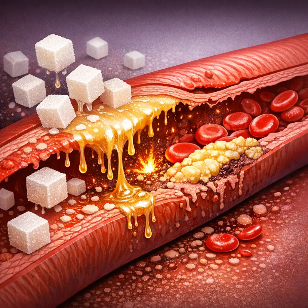 혈액 속 과다한 당분이 혈관 내벽에 악영향을 미치는 과정을 시각화한 인포그래픽