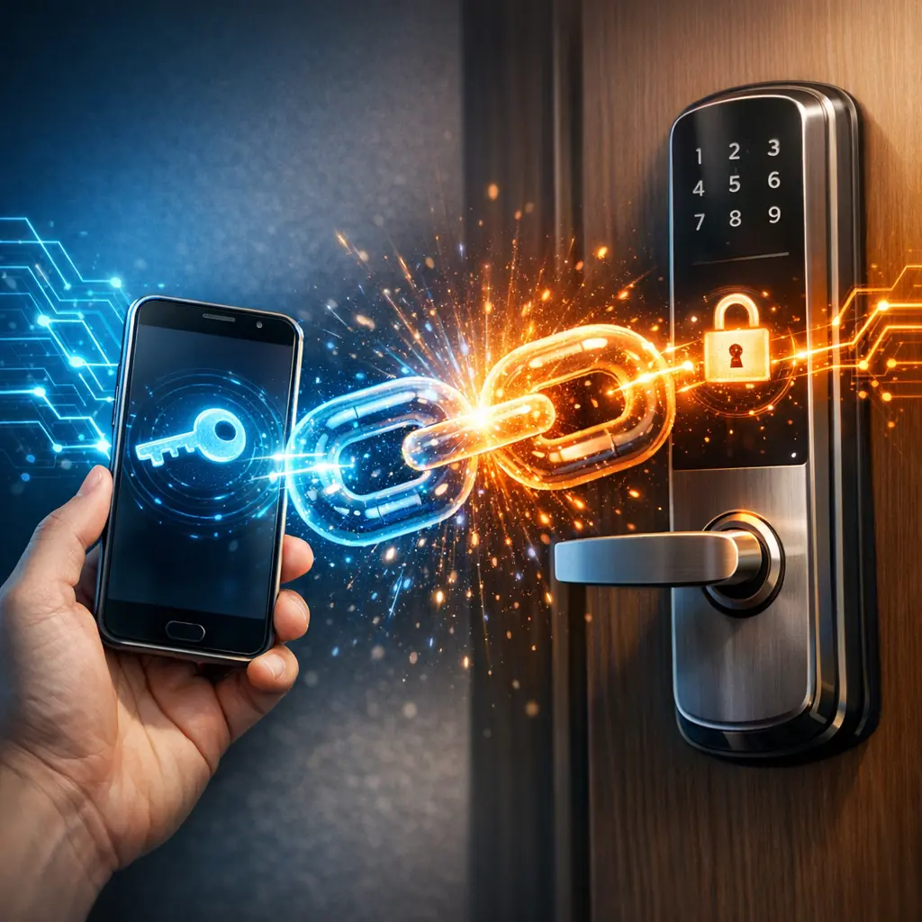 스마트폰을 현관 도어락에 터치하여 모바일 키를 등록하고 연결하는 장면