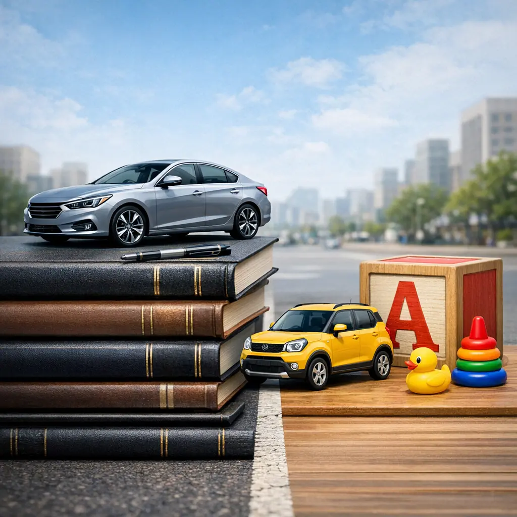 도심 도로 위에 나란히 주차된 세련된 준중형 세단과 귀여운 경형 SUV의 외관 비교 모습