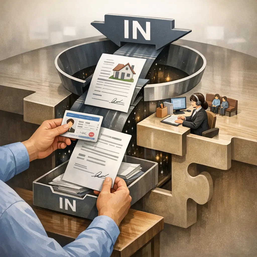 주민센터 창구에서 신분증과 임대차계약서를 제출하며 민원을 접수하는 모습