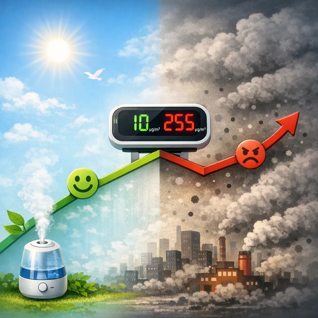 초음파 가습기 분무 시 측정기에 나타난 미세먼지 수치 변화