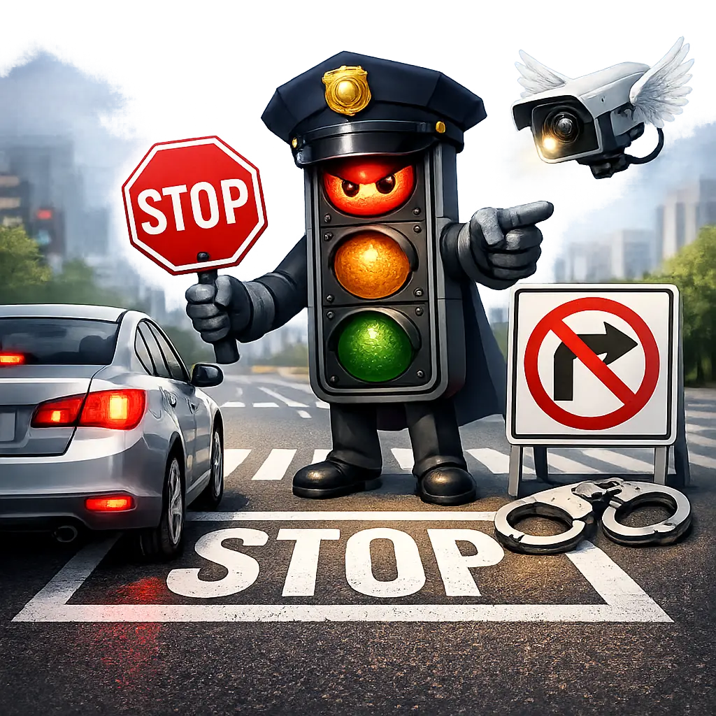 횡단보도 앞 정지선에 멈춘 차량과 우회전 위반 단속 안내 그래픽