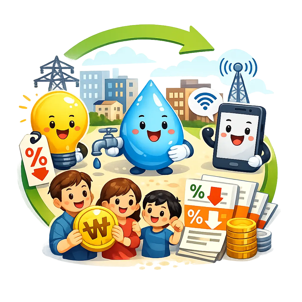 가계 부담을 줄여주는 전기·수도·통신 등 필수 공공요금 할인 혜택 안내 그래픽 아이콘 이미지