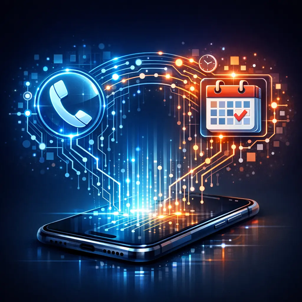 스마트폰 화면 위로 통화 아이콘과 캘린더가 연결된 인공지능 멀티태스킹 그래픽
