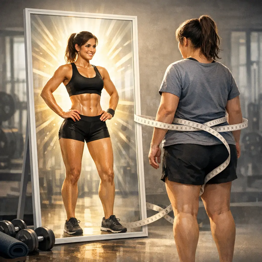 거울을 통해 확인하는 탄탄하고 건강해진 전신 실루엣과 눈에 띄는 체형 변화 모습