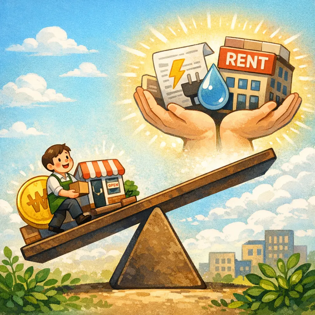 소상공인 경영 부담을 덜어주는 공공요금 및 임대료 지원 혜택 일러스트