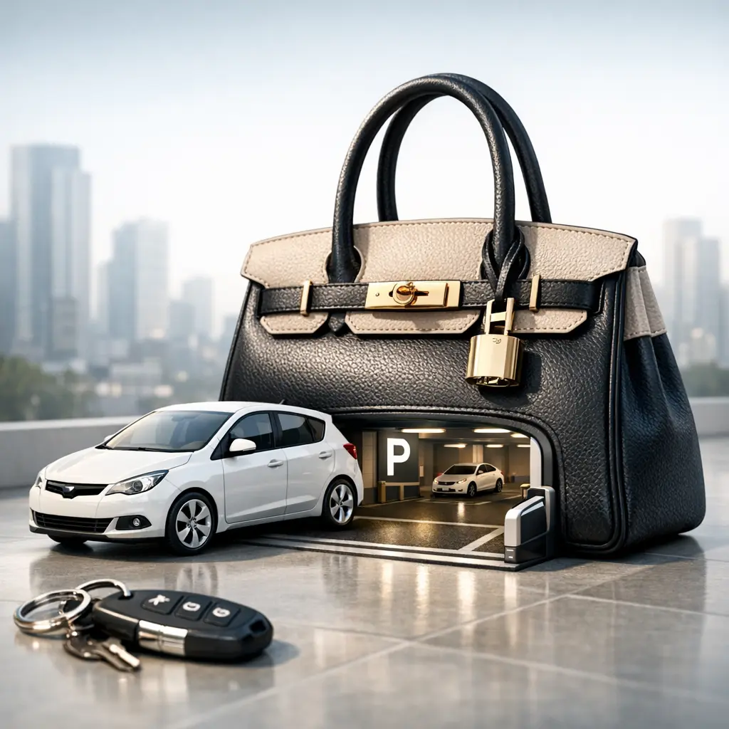 도심 공유 차량과 명품 가방이 어우러진 감각적인 미니멀 라이프스타일 이미지