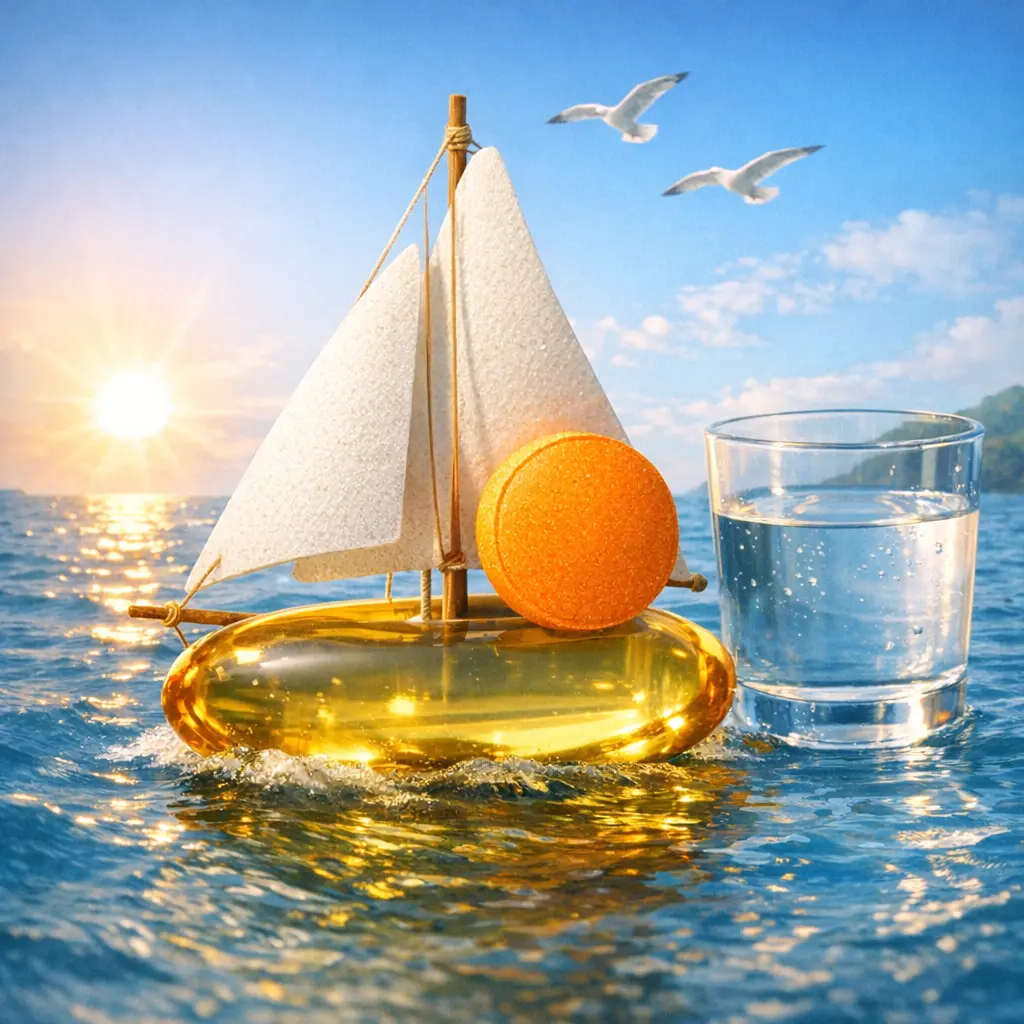 물 한 잔과 함께 놓인 오메가3 캡슐과 비타민C 알약의 모습