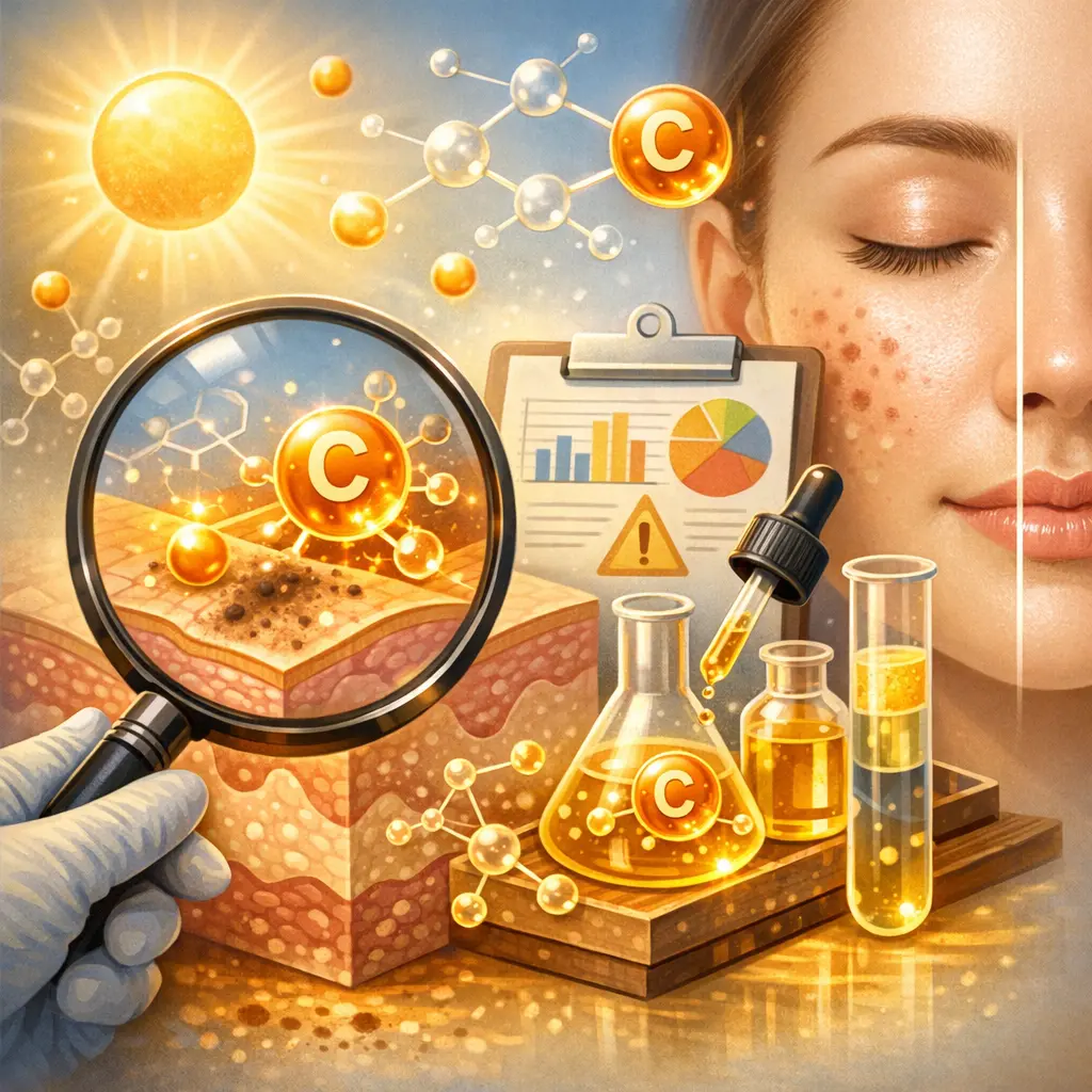 효과적인 잡티 케어를 위한 비타민 C 유도체별 성분 분석과 피부 주의사항 안내 인포그래픽