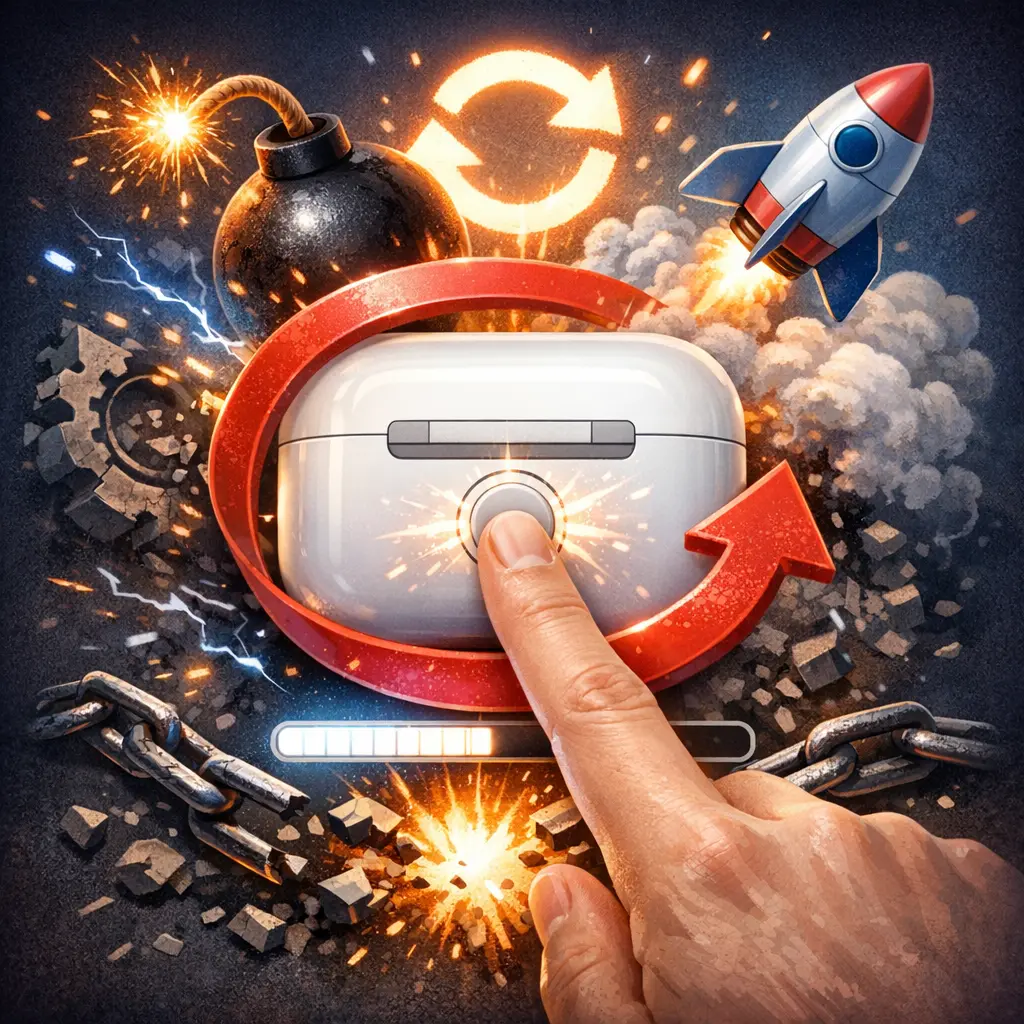 에어팟 케이스 뒷면의 페어링 버튼을 길게 눌러 기기 설정을 리셋하는 방법